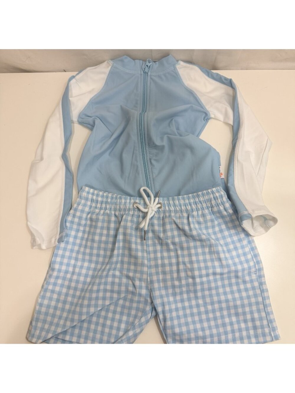 Swim Zip Boys Long Sleeve Zipper Rash Guard & Swim Trunk Set In Blue Gingham 5T